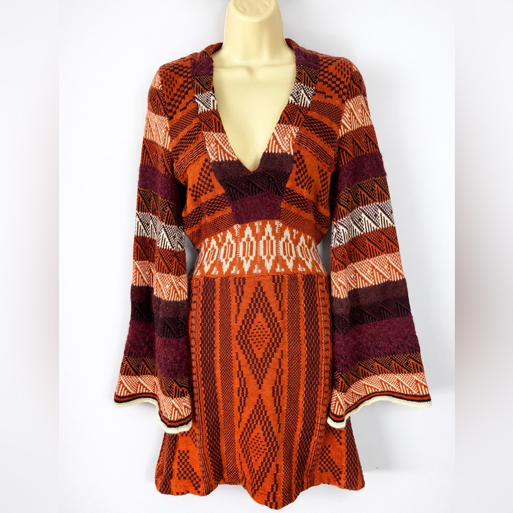 Free People Boho Knit Sweater Patchwork Dress Sm Orange Alpaca Blend Bell Sleeve - Picture 2 of 10
